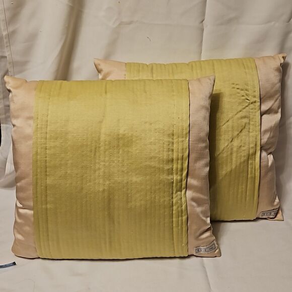 Pair of toss pillows, soft green and tan by Edie inc. 18 x 18 - Picture 1 of 3